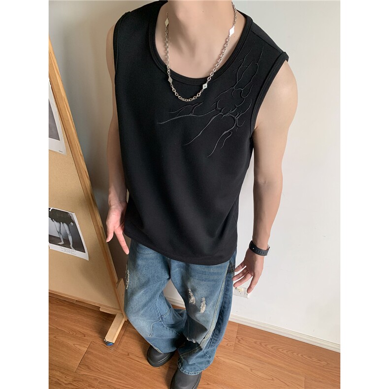 夏季2026男装新款美式无袖T恤绣花宽松坎肩背心夏装上衣S416-特25，男装背心/马甲，电商A233-1