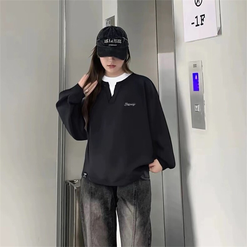抖音得物高品质印花 秋美式高街宽松结构假两件设计潮卫衣AW9201图片