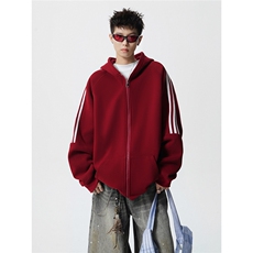 8XL-M秋冬美式运动三条杠条纹开衫卫衣连帽特大码宽松JK5206/P65，男装卫衣，电商B238