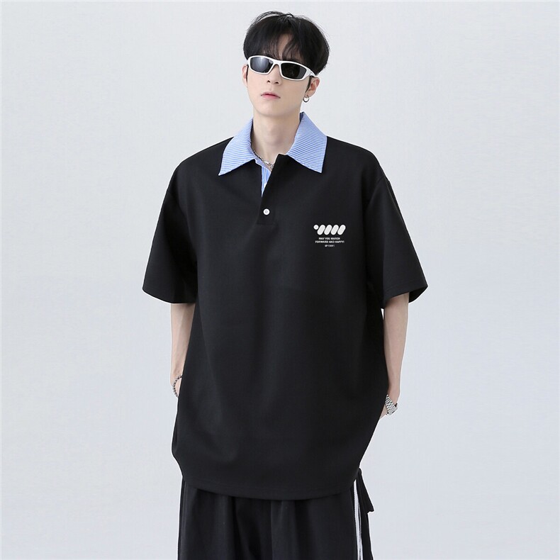 美式复古夏季潮牌衬衫拼接高级慵懒假两件POLO衫短袖T恤T75-P48,男装T恤,电商C307