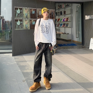 美式高街cleanfit风格重磅水洗黑灰微喇版型牛仔裤泼墨毛边长裤男图片