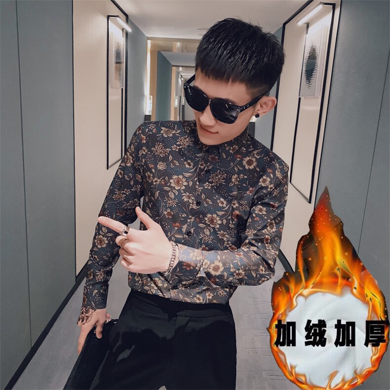 312A-821-P60  秋季社会小伙碎花青年修身长袖衬衫韩版四季衬衣B图片