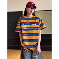 网图有货美式复古彩虹条纹短袖T恤男女宽松慵懒休闲上衣A653-P40，男装T恤，星座1505