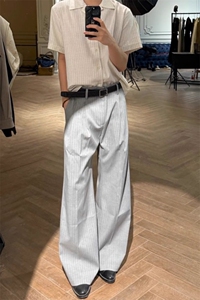 浅灰色好莱坞a字西裤老钱风双褶条纹裤子直筒微喇裤 KZ9872 P60图片