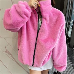 撞色拉链水貂绒毛毛外套,其它,二分之一