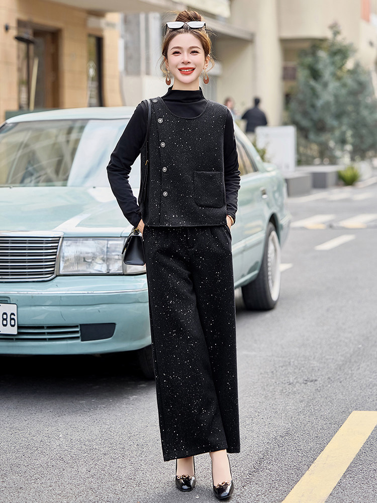 2025新款春装法式后背蝴蝶结马甲阔腿裤三件套,女装套装/套裙,韩蔻秀
