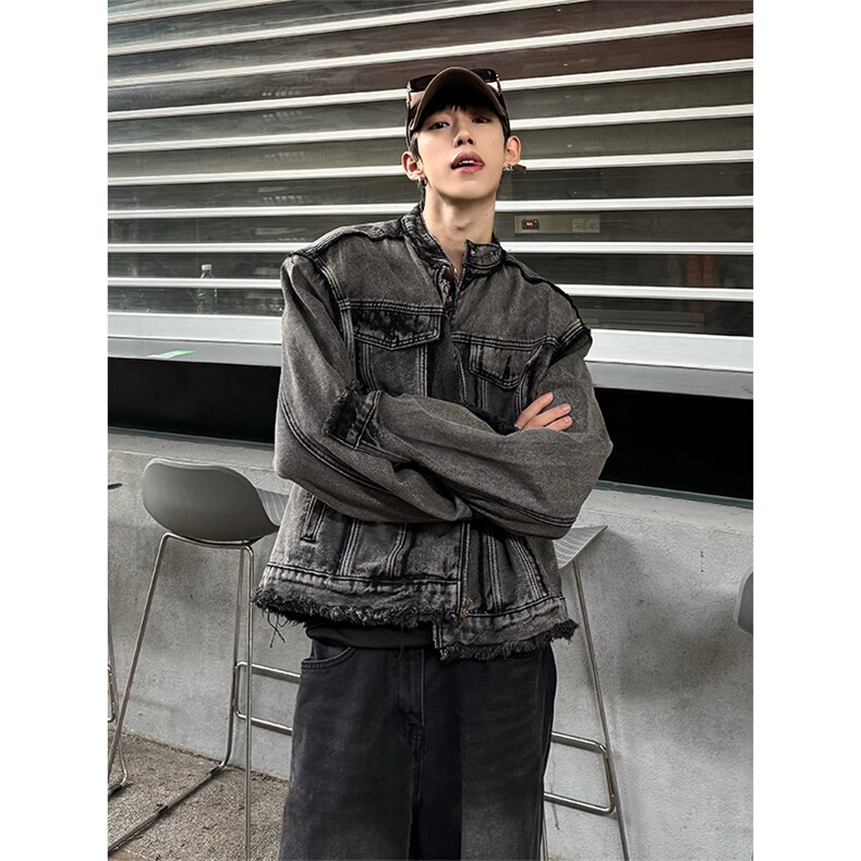 【自家图】美式毛边牛仔外套欧美街头垫肩复古短款夹克NT536P125，男装工装外套，星座301D-2(原星座1004-1）