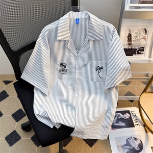 日系复古条纹短袖衬衫新设计感小众宽松休闲衬衣夏上衣G347 P42图片