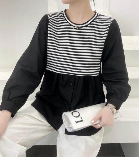 超逸世家4217意法2021年秋季新款长袖拼接条纹衬衫，女装衬衫，超逸世家