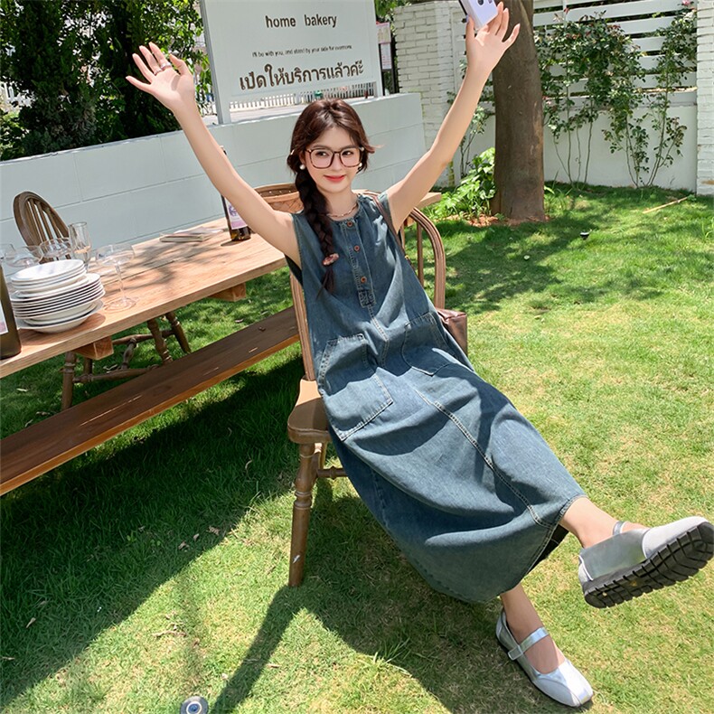蓝色无袖背心工装牛仔连衣裙女夏季新款小个子复古休闲慵懒风长裙,女装连衣裙,2C022