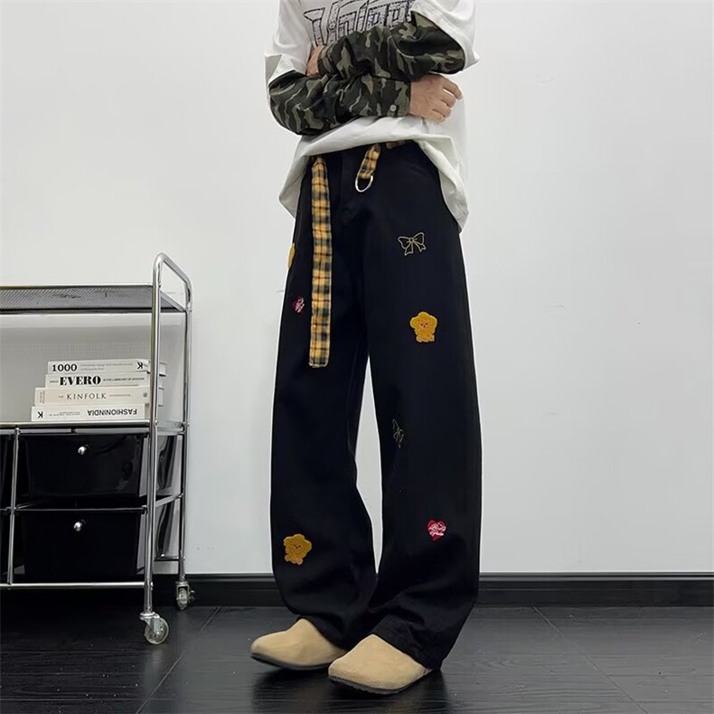 刺绣设计感卡通牛仔裤男2025夏季情侣款宽松直筒休闲裤女,男装牛仔裤,星座1210-1