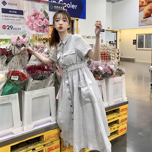 日系高端灰色亚麻衬衫连衣裙女夏2025新款学院风收腰气质工装长裙图片