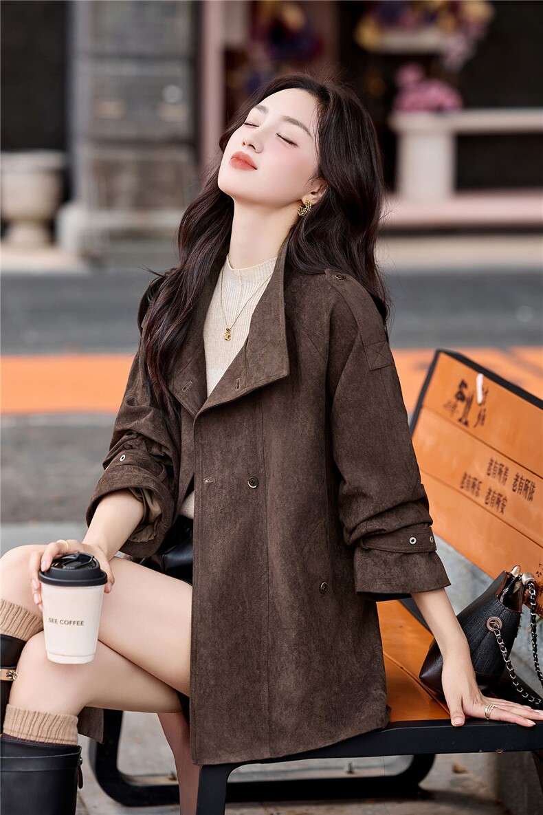 鹿皮绒外套女2025秋季新款宽松休闲风衣高级感杭州意法中长款大衣,女装风衣,浙宝029