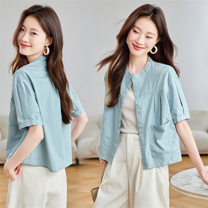 纯棉短袖衬衫女2025夏季新款立领衬衣开衫气质小个子大码短款上衣,女装衬衫,简韵佳