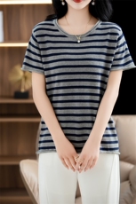 条纹纯棉线短袖t恤女针织打底衫女白色圆领半袖上衣夏季新款体恤，女装针织衫/毛衣，阁惠羊绒