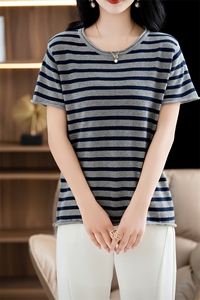 条纹纯棉线短袖t恤 女针织打底衫女白色圆领半袖上衣夏季新款体恤图片