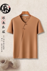 长年货棉麻短袖T恤男士中青年风盘扣复古夏体恤半袖上衣，男装T恤，钱塘723
