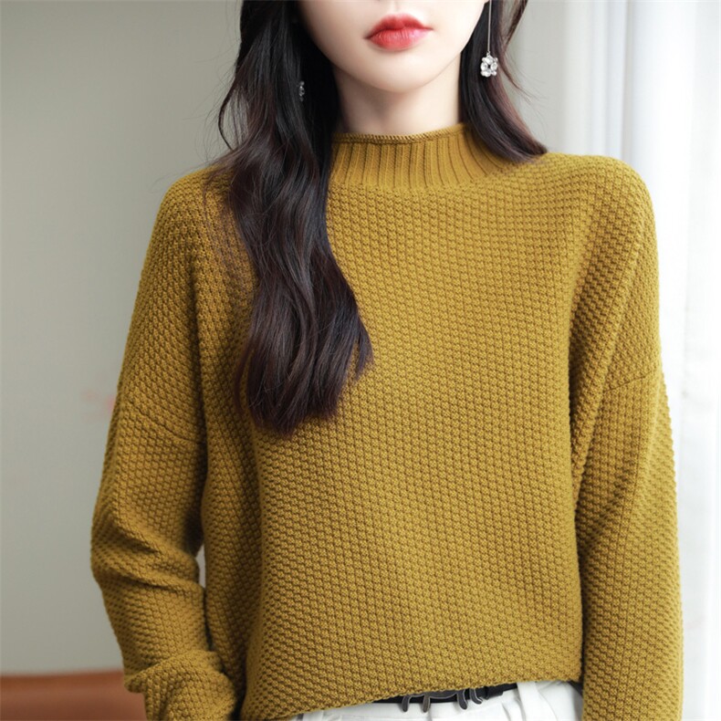 秋季慵懒风加厚纯棉线长袖针织衫女半高领套头毛衣宽松全棉线上衣,针织衫/毛衣,品高羊绒