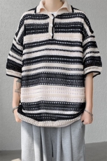 8XL-M特大码美式复古条纹撞色针织POLO衫翻领休闲短袖TDX311P35，男装T恤，电商D206-1