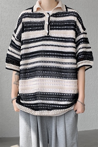 8XL-M 特大码美式复古条纹撞色针织POLO衫翻领休闲短袖TDX311P35图片