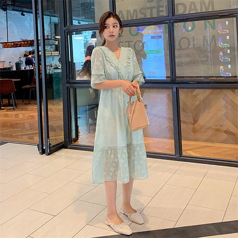 春夏超显瘦连衣裙桑蚕丝时尚通勤刺绣短袖连衣裙9911,女装连衣裙,天丽