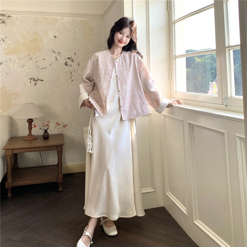 现货在店粉色刺绣新中式风+背心长裙2C206-L766-P195-K318,女装套装/套裙,2C206