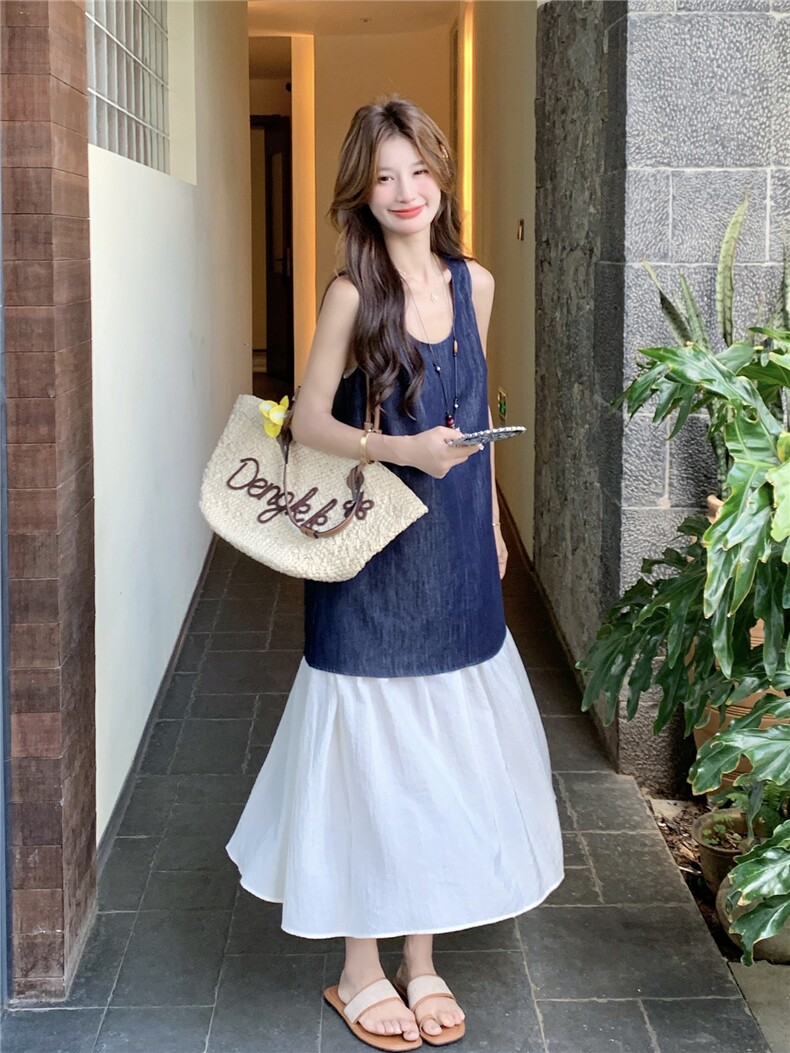 2026新款牛仔设计感拼接无袖连衣裙女新款韩系宽松休闲背心裙长裙,女装连衣裙,艾米莉亚