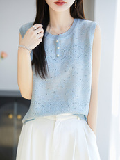 其他2025年夏季娃娃领无袖背心外穿百搭圆领显瘦洋气打底上衣女，女装T恤，暖圣羊羊绒