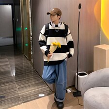 M3126-P80冬装新款潮流条纹百搭毛衣男女情侣宽松针织衫上衣外套，男装针织衫/毛衣，电商A009A（原A058A）