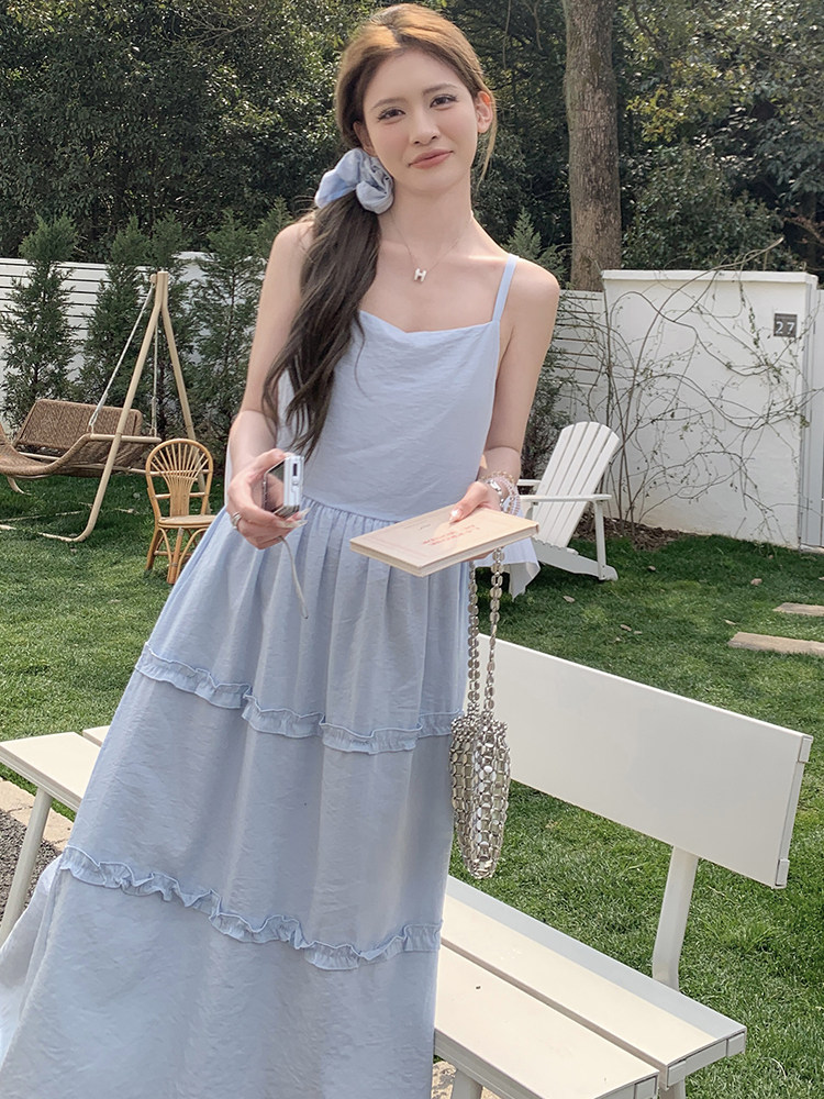 韩式海边度假蓝色吊带裙女2025年夏季新款百搭洋气休闲茶歇长裙潮,女装连衣裙,蝶眷