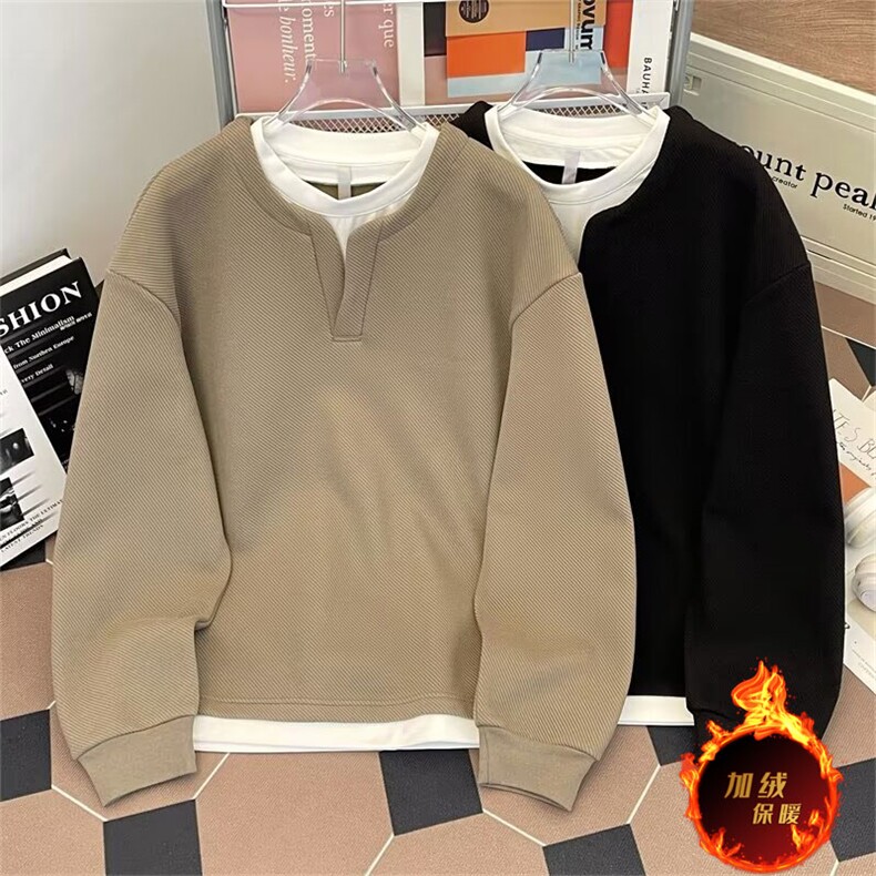 加绒加厚冬款男假两件V领卫衣保暖休闲打底外套WY188P45,男装卫衣,星座1013-1