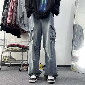 简约百搭青春流行牛仔裤新款宽松直筒慵懒潮夏季长裤男气质潮流图片
