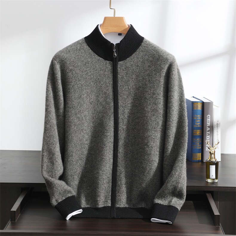 2025年秋季新款百搭四平加厚YKK拉链半高开衫，男装羊绒套衫，澳坤羊绒