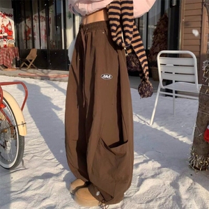 青少年春秋季红复古美式慵懒风口袋阔腿宽松弯刀休闲裤日常图片