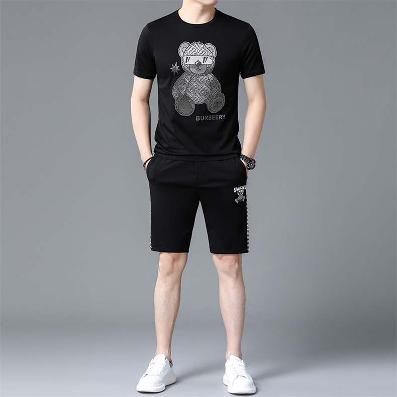 夏季男式短袖短裤透气两件套运动休闲圆领修身t恤套装，男装休闲套装，电商B360
