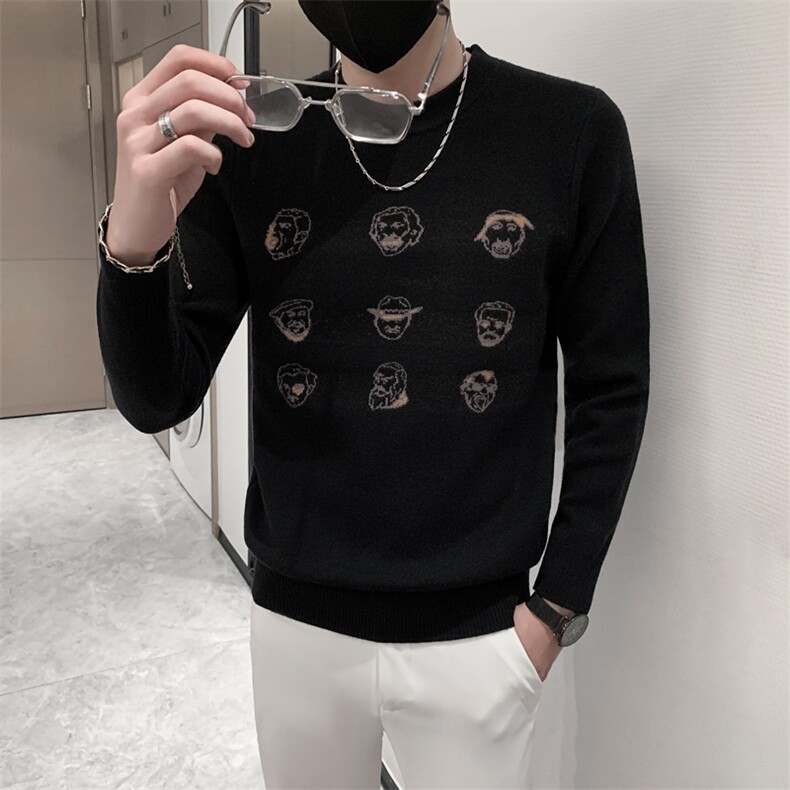 2025秋冬新款毛衣男网红小人头针织线衣长袖修身打底衫男潮流百搭，男装T恤，电商A327