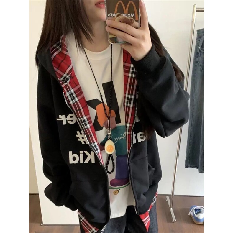 网图有货美式复古假两件格子拼接连帽开衫卫衣男女A840-P50，男装卫衣，星座1505