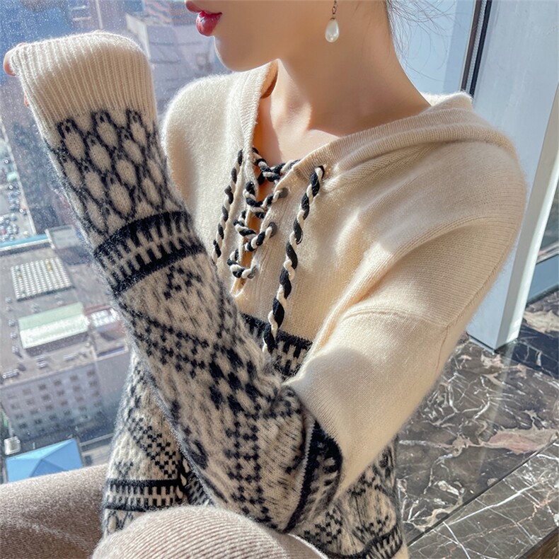 时尚新款连帽抽绳羊毛衫女宽松显瘦长袖毛衣冬季保暖针织衫,女装羊毛衫,宇灿羊绒