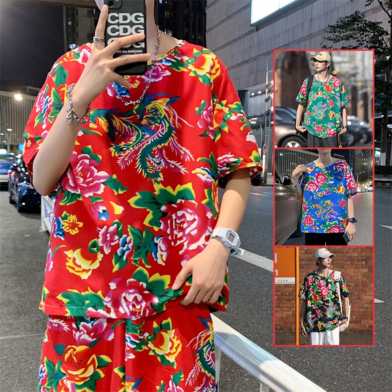 HT203东北大花圆领短袖T恤可套装风民族特色汉服团队服大码男，男装T恤，星座115A(原星座507）