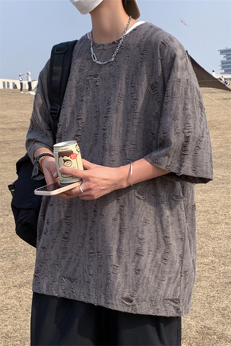 T8042/P30夏季中性风破洞短袖T恤男个性设计感大码重磅宽松上衣,男装T恤,电商A141