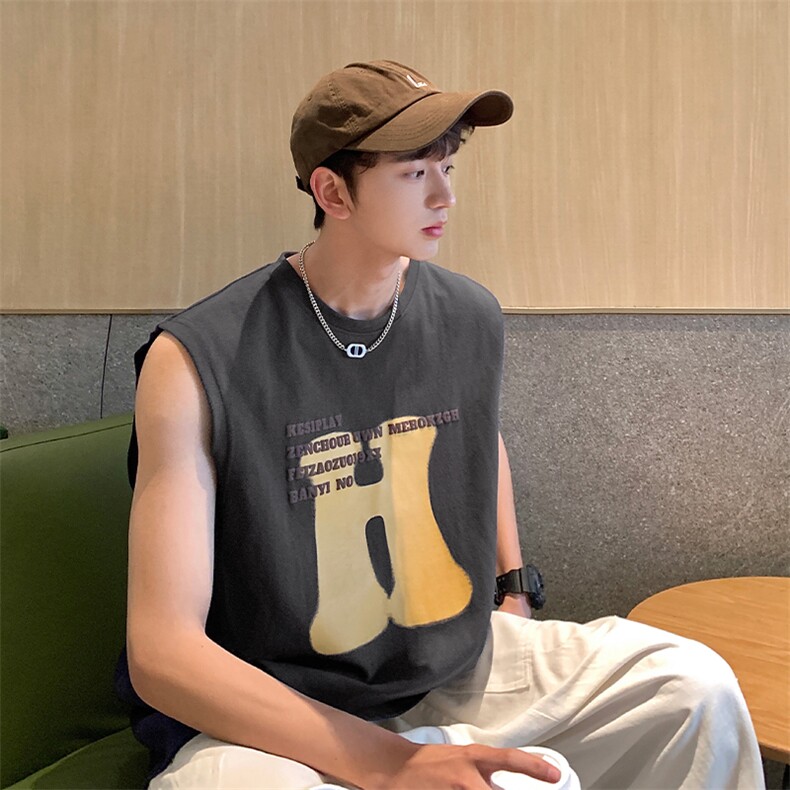 XY5082-TP25控价38发泡印花无袖T恤青少年宽松美式大码背心男,男装T恤,电商A102-1