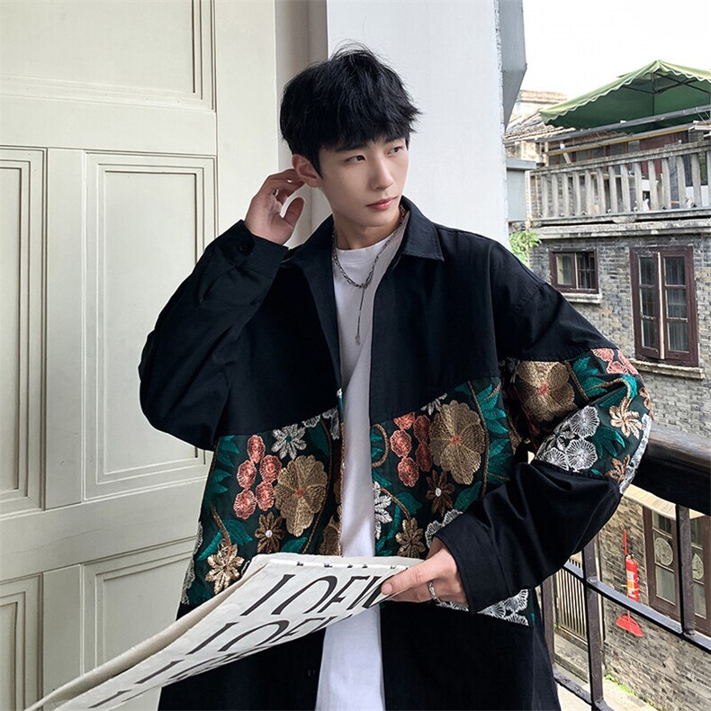 1港风长袖衬衣男情侣大码中性风刺绣潮长袖衬衫男CS9743P50控78,男装衬衫,星座226-2