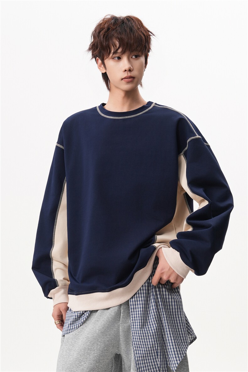 6XL-M美式拼接撞色圆领卫衣男痞帅套头上衣外套WY48-P60380g,女装短外套,电商D206-1