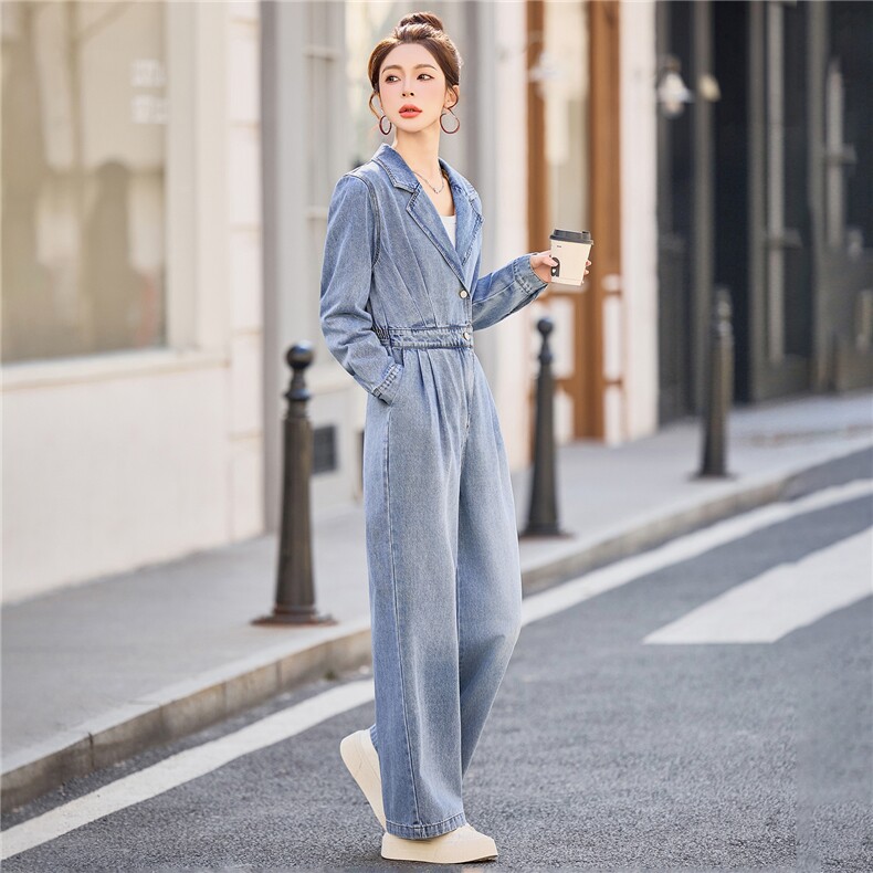 （新款现货）2026春装时尚显瘦西装领工装牛仔阔腿腰带连体裤女,女装连体裤,印象茜