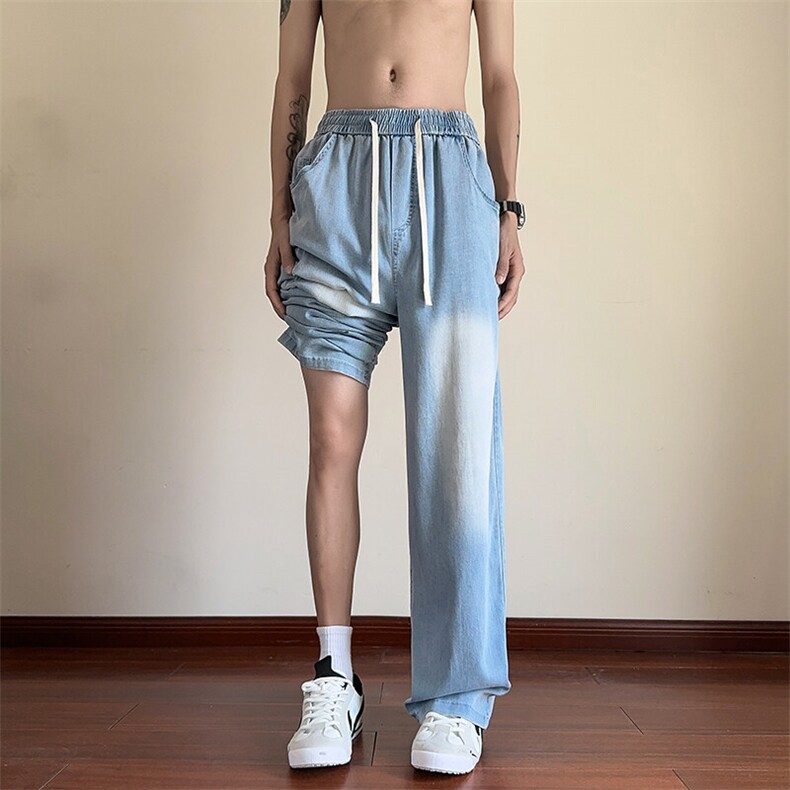 冰丝牛仔裤男夏季薄款宽松直筒阔腿裤男生2025新款青少年男士裤子,男装牛仔裤,电商A022