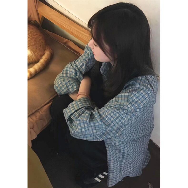 学院风蓝色格子衬衫女早秋流行穿搭字母刺绣衬衣外套上衣CV3052,男装衬衫,星座1116A（原606A-3）