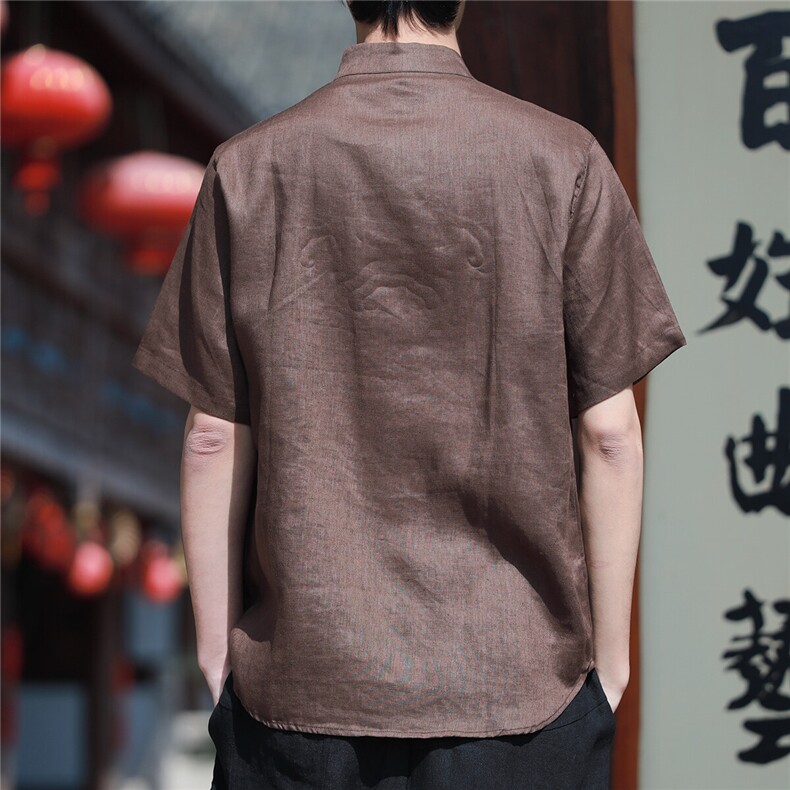 纯亚麻夏季薄款宽松短袖上衣风复古唐装盘扣衬衫男CS07,男装T恤,星座704A（原B229A）