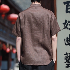 纯亚麻夏季薄款宽松短袖上衣风复古唐装盘扣衬衫男CS07，男装T恤，星座704A（原B229A）