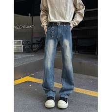 解构水洗黑牛仔裤美式vibe风显瘦微喇裤男生高个子提档高腰直筒裤，男装牛仔裤，星座813-2
