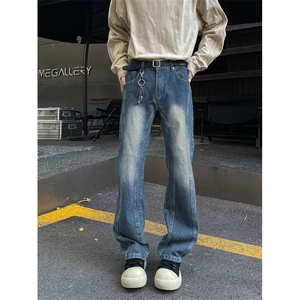 解构水洗黑牛仔裤美式vibe风显瘦微喇裤男生高个子提档高腰直筒裤图片